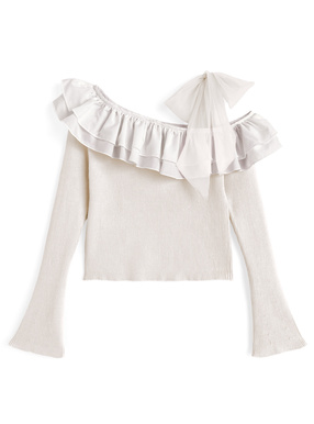 フリルドッキングワンショルダーリボンニットトップス