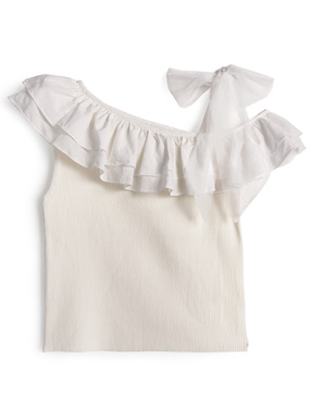 フリルドッキングワンショルダーリボンノースリーブニットトップス