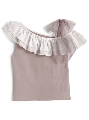 フリルドッキングワンショルダーリボンノースリーブニットトップス