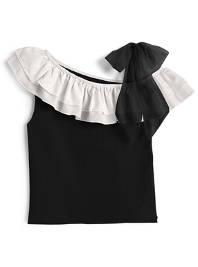 フリルドッキングワンショルダーリボンノースリーブニットトップス