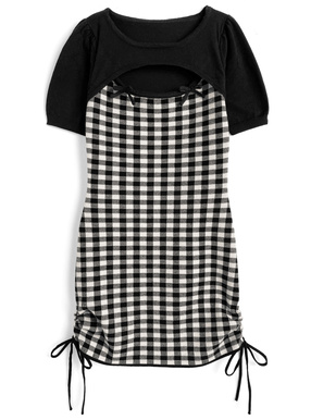 ギンガムチェック柄フロントオープンリボンミニワンピース