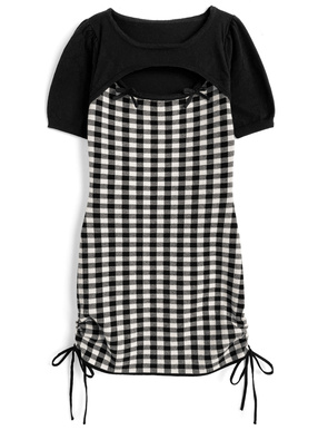 ギンガムチェック柄フロントオープンリボンミニワンピース