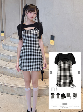 ギンガムチェック柄フロントオープンリボンミニワンピース