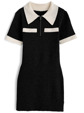 配色ハーフジップリブニットミニワンピース