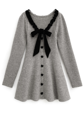 ハートボタンリボンニットフレアワンピース