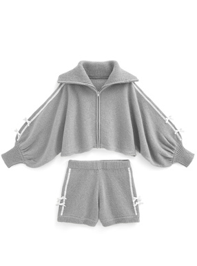リボンラインジップブルゾン×ショートパンツニットセットアップ