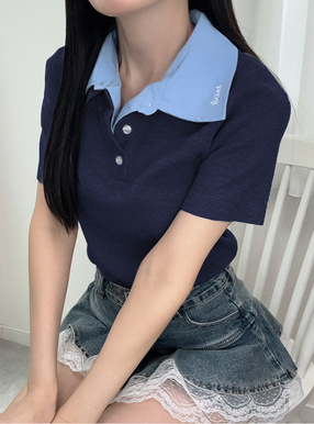 シャツレイヤード風ロゴ刺繍ポロニットトップス
