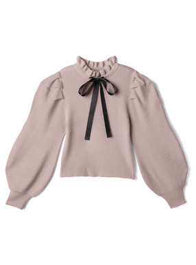 ボウタイ付きフリルネックボリュームスリーブニットトップス