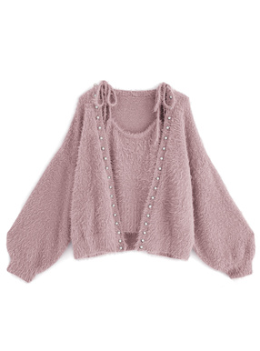 パールカーディガン×リボンキャミソールシャギーニットアンサンブル