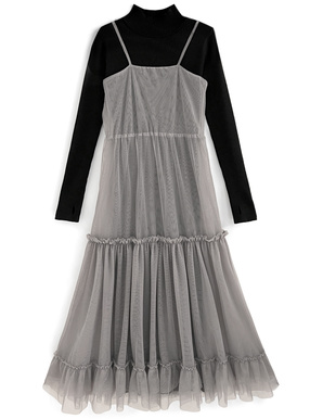 チュールティアードワンピース×ニットワンピースセットアップ