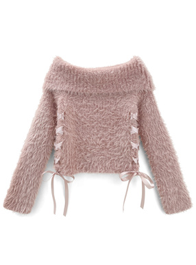 レースアップオフショルラメシャギーニットトップス