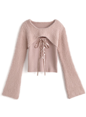 シャギーレイヤード風レースアップニットトップス