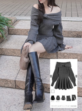 リボンオフショルダーニットワンピース