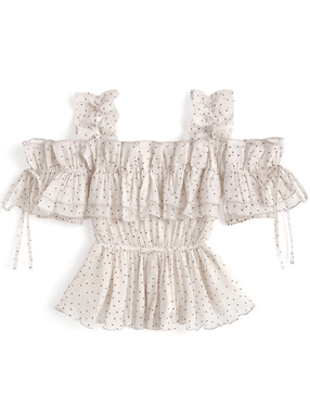 ドット柄ミルフィーユフリルオフショルダートップス