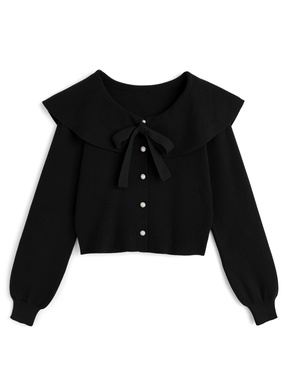 リボン付きビッグカラーニットカーディガン