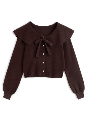 リボン付きビッグカラーニットカーディガン