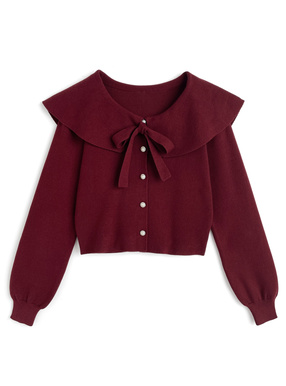 リボン付きビッグカラーニットカーディガン