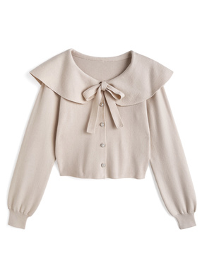 リボン付きビッグカラーニットカーディガン