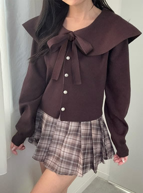 リボン付きビッグカラーニットカーディガン