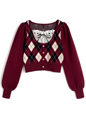アーガイル柄レイヤード風リボンニットトップス