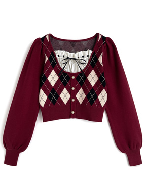 アーガイル柄レイヤード風リボンニットトップス