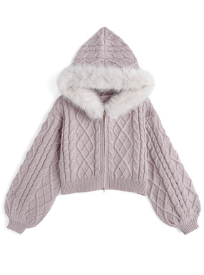 ファーフードケーブル編みニットパーカー