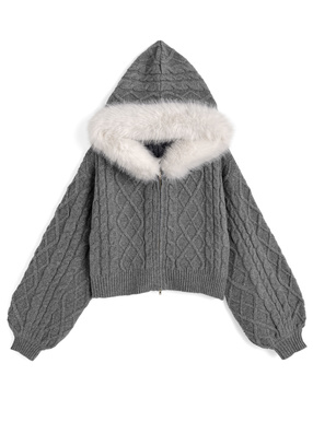 ファーフードケーブル編みニットパーカー