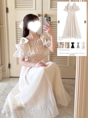 リボンオフショルダーフリルコルセットワンピース