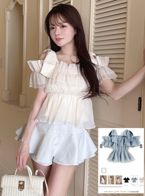 リボンオフショルダーフリルトップス