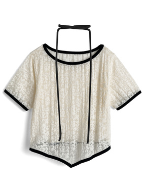 チョーカー付きレース配色トップス