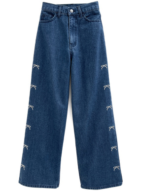 リボン刺繍ストレートデニムパンツ