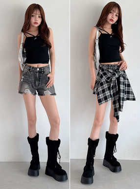 2Wayチェック柄シャツ巻き風デニムショートパンツ