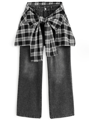 2Wayチェック柄シャツ巻き風デニムパンツ