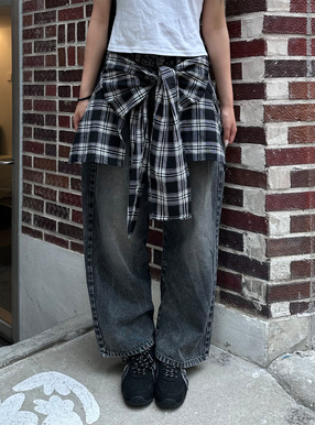 2Wayチェック柄シャツ巻き風デニムパンツ