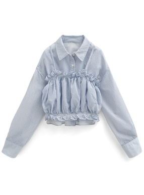 ストライプ柄シアーフリルビスチェ×シャツアンサンブル