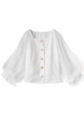 チュールスリーブバックシャーリングブラウス