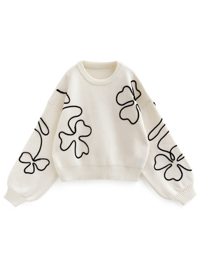 クローバー柄ライン刺繍ニットトップス