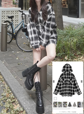 フード付きチェック柄シャツ