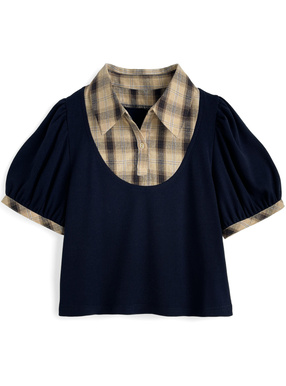 チェック柄シャツドッキングテレコトップス