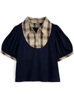チェック柄シャツドッキングテレコトップス