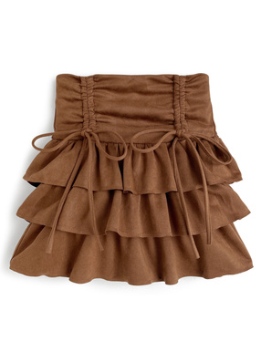 ドロストリボンティアードフリルスエードスカート