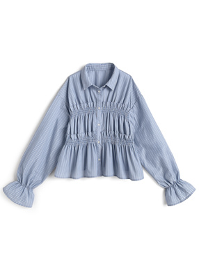 ストライプ柄シャーリングフリルブラウス