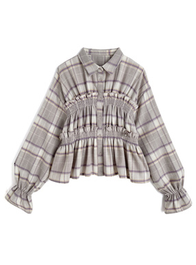 チェック柄シャーリングフリルブラウス