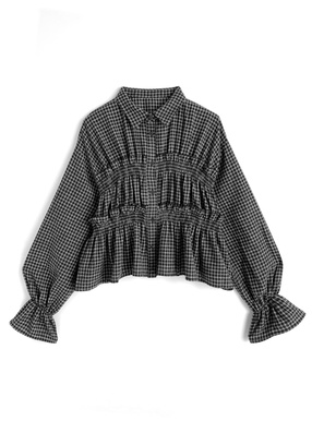 チェック柄シャーリングフリルブラウス