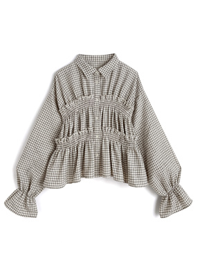 チェック柄シャーリングフリルブラウス