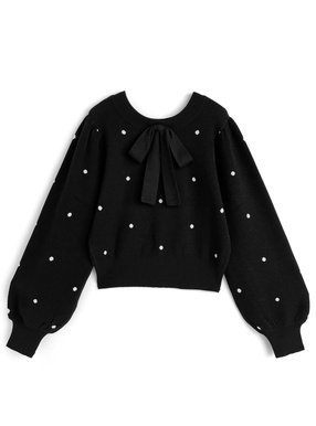 前後2Wayドット柄ジャガードリボンニットトップス