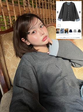 リングボタン配色ロングニットカーディガン