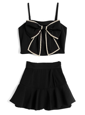 チェック柄パイピングビッグリボンビスチェ×フレアスカートパンツセットアップ