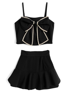 チェック柄パイピングビッグリボンビスチェ×フレアスカートパンツセットアップ