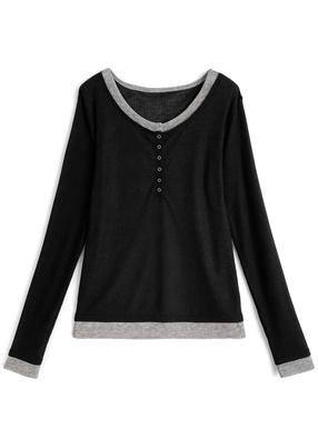 配色レイヤード風ヘンリーネックトップス